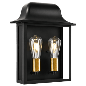 Centurion Double Outdoor Wall Light featuring two clear glass bulbs with gold accents in a black frame.