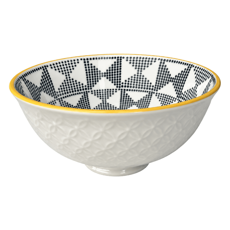 White ceramic bowl with raised exterior pattern, yellow rim and black geometric interior