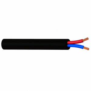 Black cable sleeve with exposed red and blue copper conductors