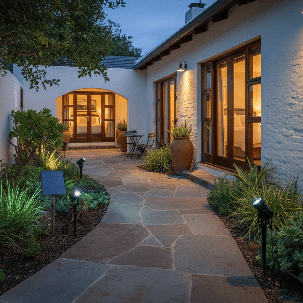 RGB solar spike lights illuminating a garden pathway with a solar panel nearby, enhancing outdoor ambiance.