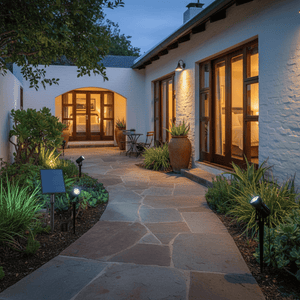 RGB solar spike lights illuminating a garden pathway with a solar panel nearby, enhancing outdoor ambiance.