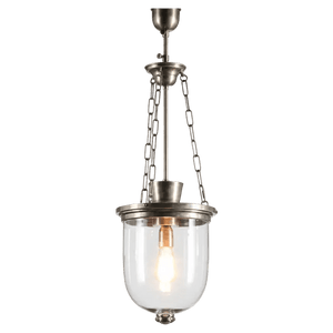 Antique silver hanging lantern with clear glass, chain suspension and illuminated bulb