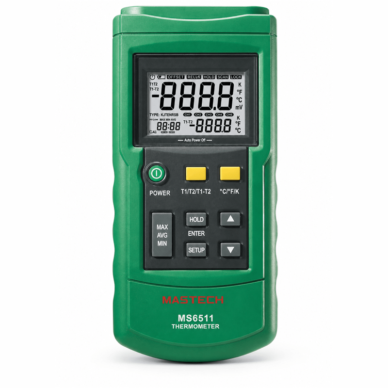 Mastech MS6511 digital thermometer with clear display and buttons for temperature measurement.