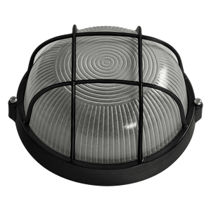Black round bulkhead light with ribbed glass diffuser and protective cage