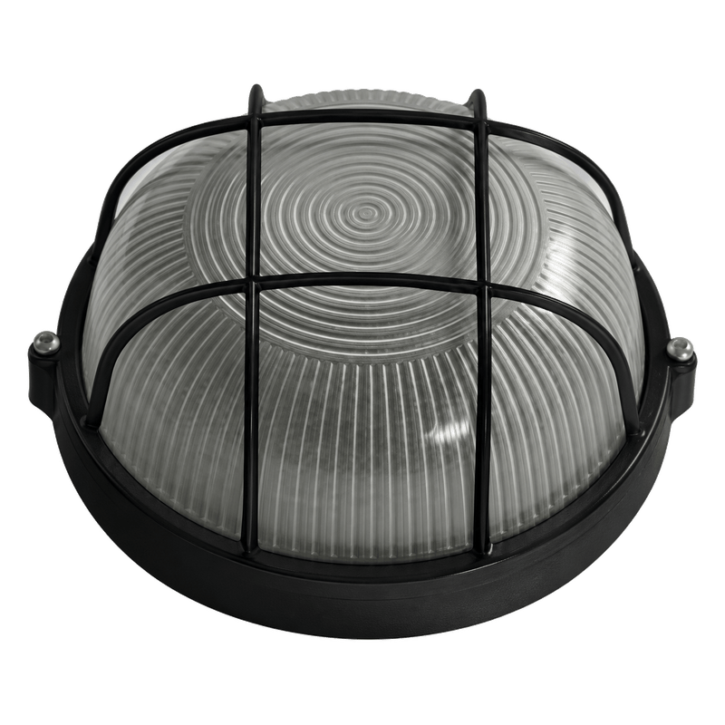 Black round bulkhead light with ribbed glass diffuser and protective cage