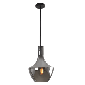 Black pendant light with smoke glass shade and visible filament bulb hanging from a black rod