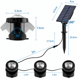 Detailed view of the Solar RGB Pond Light Kit components, including lights and solar panel with measurements.
