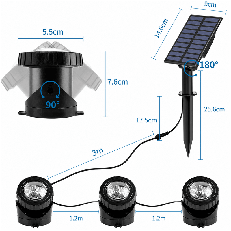 Detailed view of the Solar RGB Pond Light Kit components, including lights and solar panel with measurements.