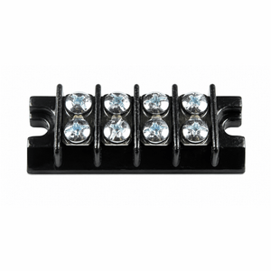 15 Amp 4-way terminal block with six screw terminals for wire connections, featuring a black plastic body.