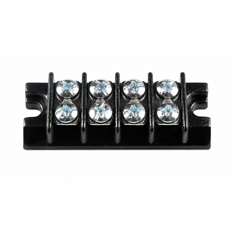 15 Amp 4-way terminal block with six screw terminals for wire connections, featuring a black plastic body.