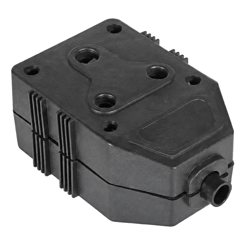 2 Way PVC Janus Coupler in black, featuring dual sockets and a compact design for easy placement.