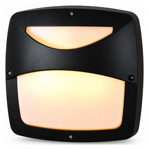 Black rectangular bulkhead light with two warm illuminated curved diffusers on a white background