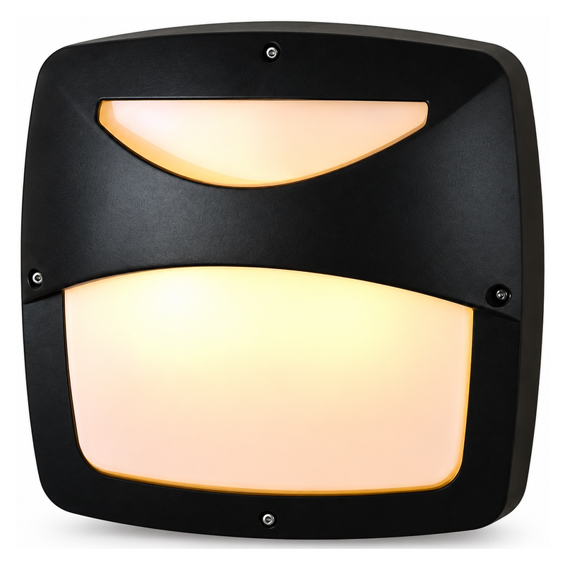 Black rectangular bulkhead light with two warm illuminated curved diffusers on a white background