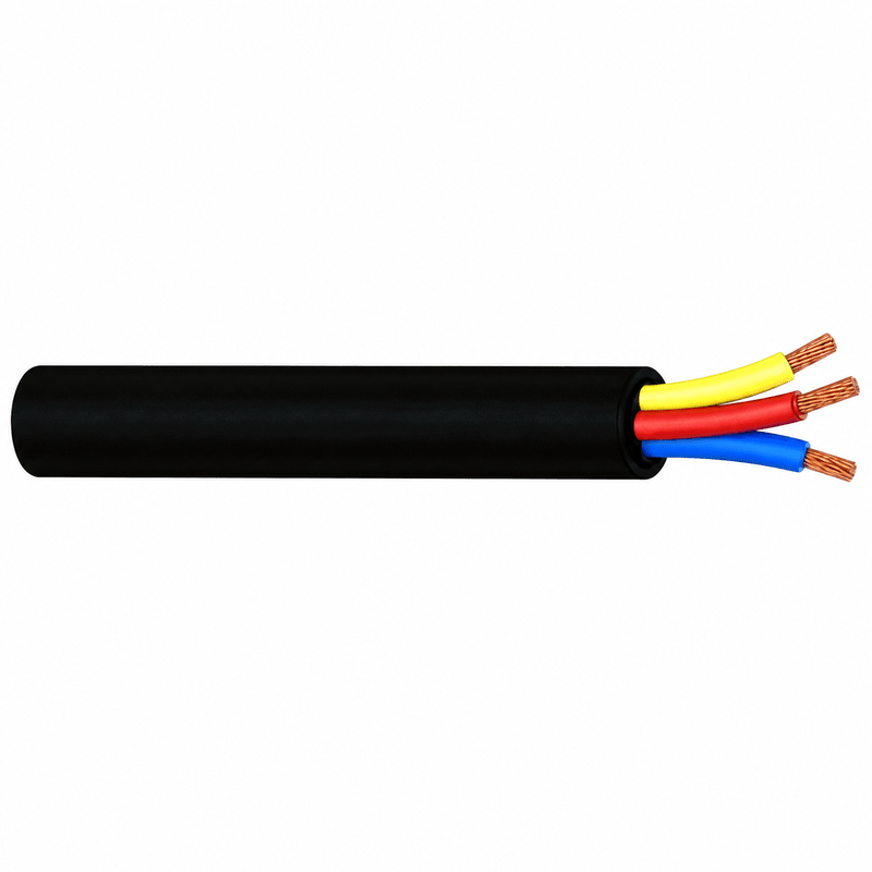 Black cable sleeve with three exposed yellow, red and blue copper conductors