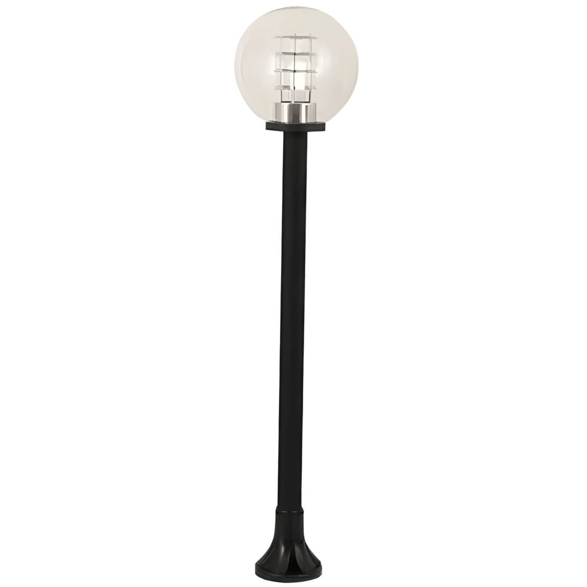 Black bollard light with clear spherical globe and internal grid, set against solid green background.