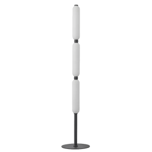 Three white cylindrical opal glass shades on a black metal pole with circular base, against a solid green background.