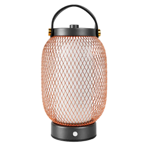 Copper mesh lantern with white diffuser, black handle and base, shown against black background.