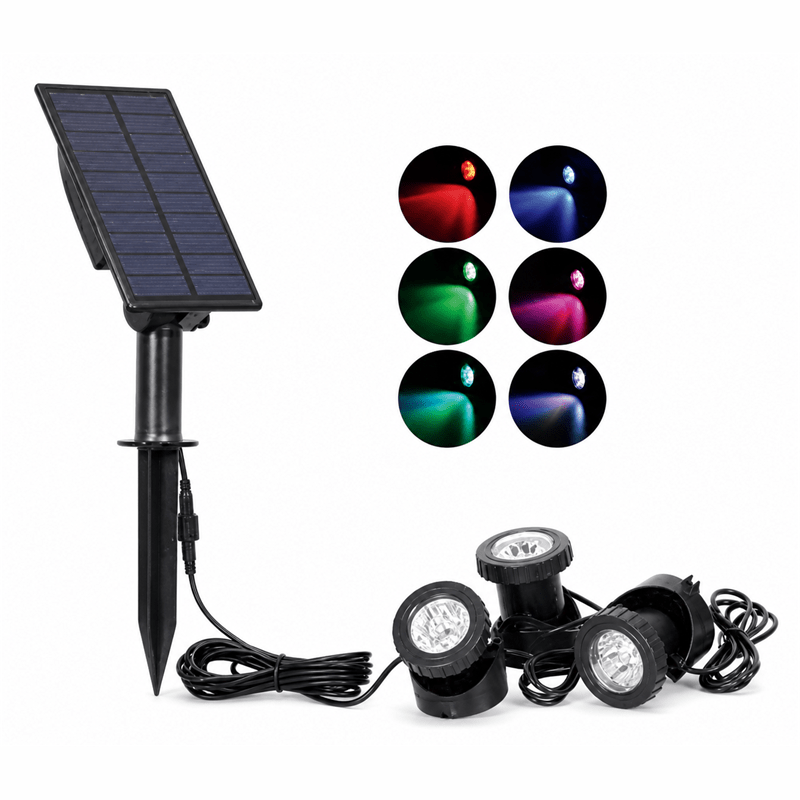 Solar RGB pond light kit with three lights and solar panel, showcasing color options.