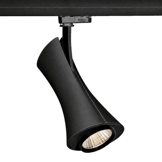 Black cylindrical track spotlight mounted on a black track rail