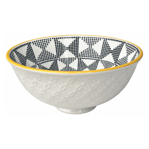 White ceramic bowl with raised exterior pattern, yellow rim and black geometric interior