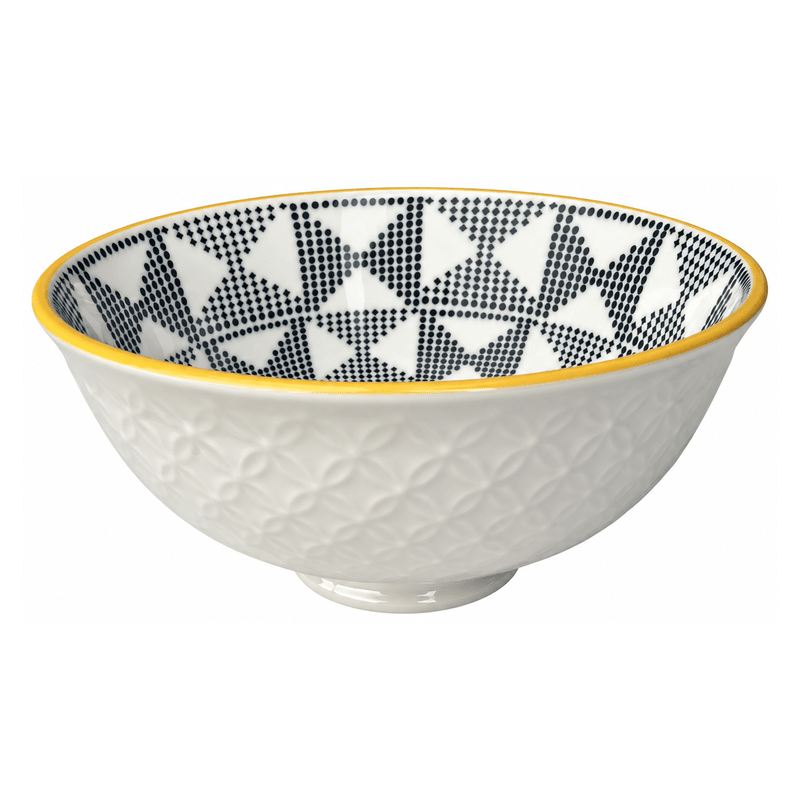White ceramic bowl with raised exterior pattern, yellow rim and black geometric interior