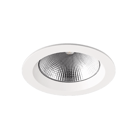 White recessed downlight with a circular faceted reflector on a white background