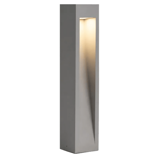 Tall rectangular grey bollard light with a narrow illuminated opening
