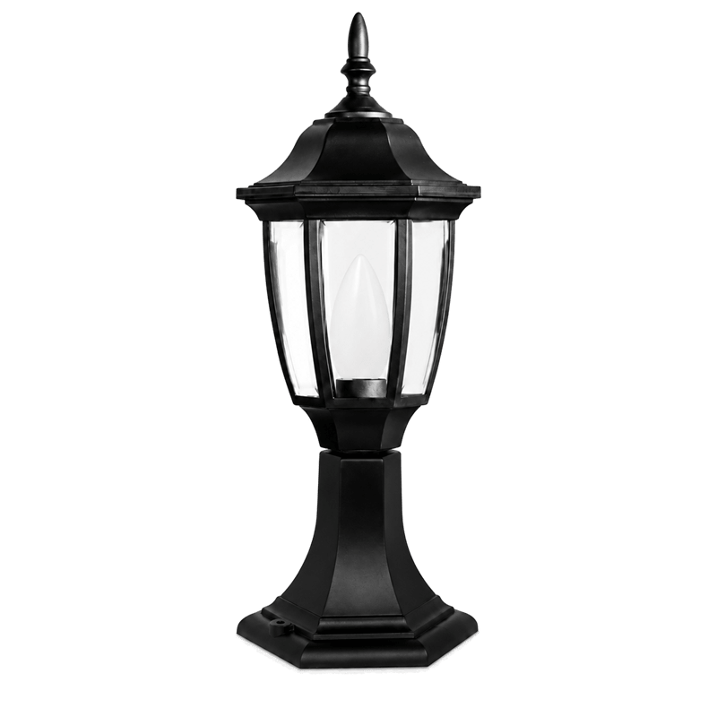 Black outdoor wall lantern with beveled glass panels and visible E27 bulb, mounted on a sturdy base.