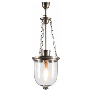 Antique silver hanging lantern with clear glass and illuminated bulb on a white background