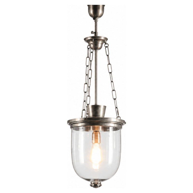 Antique silver hanging lantern with clear glass and illuminated bulb on a white background