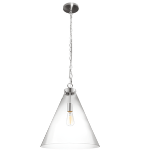 Satin chrome ceiling canopy pendant with clear glass funnel shade, chain suspension, and visible E27 bulb