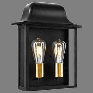 Centurion Double Outdoor Wall Light featuring two clear glass bulbs with gold accents in a black frame.