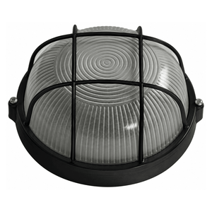 Black round bulkhead light with ribbed glass diffuser and protective cage