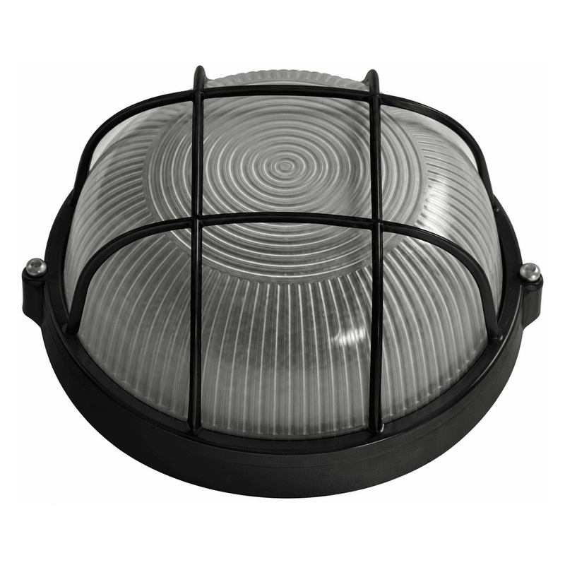 Black round bulkhead light with ribbed glass diffuser and protective cage