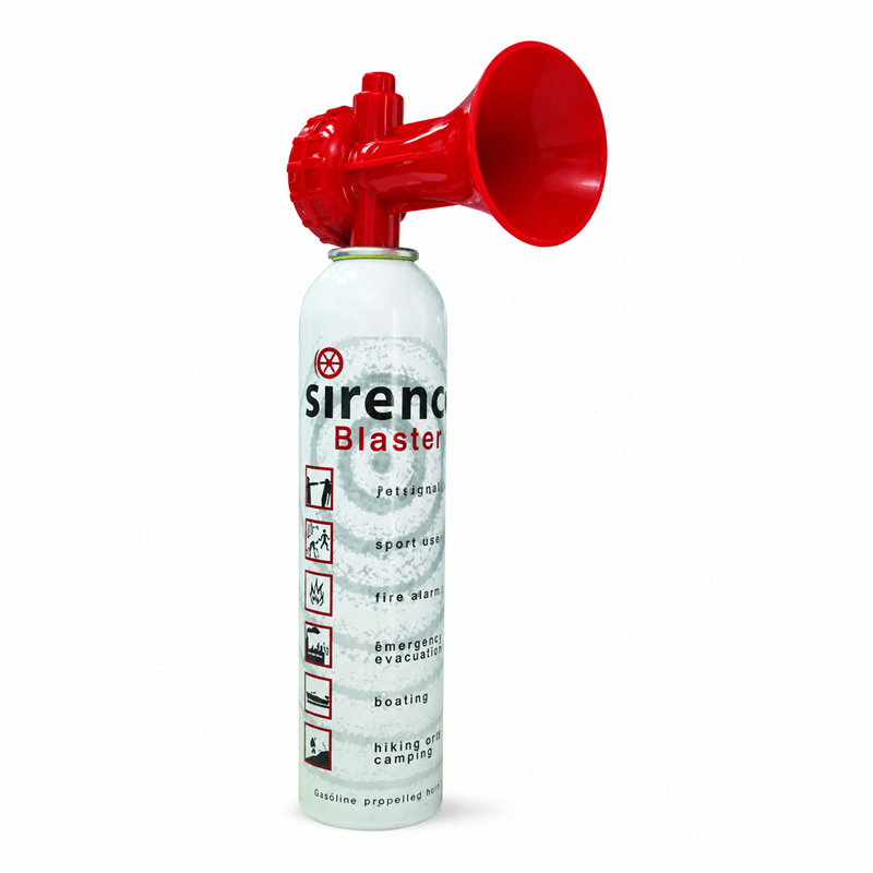 Sirenco Hand Held Air Horn 300ml with red horn and white canister, featuring usage icons and text.