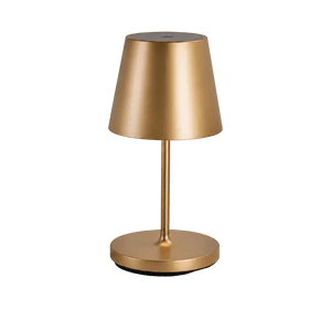 Gold rechargeable table lamp with conical shade, slender stem and round base, shown against plain background.