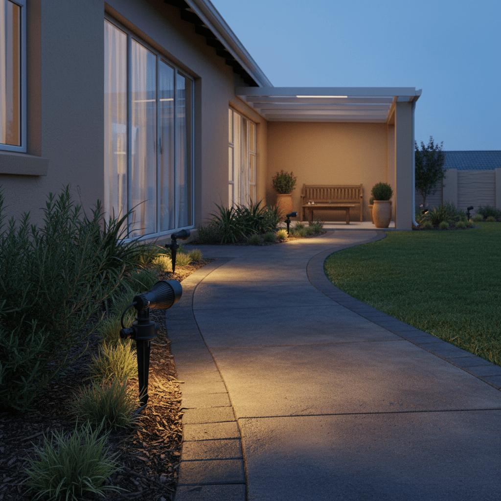 Black garden spike lights with hoods illuminate a curved concrete pathway and surrounding plants at dusk