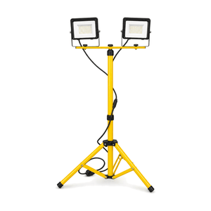 Dual-head 2 × 50W 24V portable LED tripod floodlight on white background