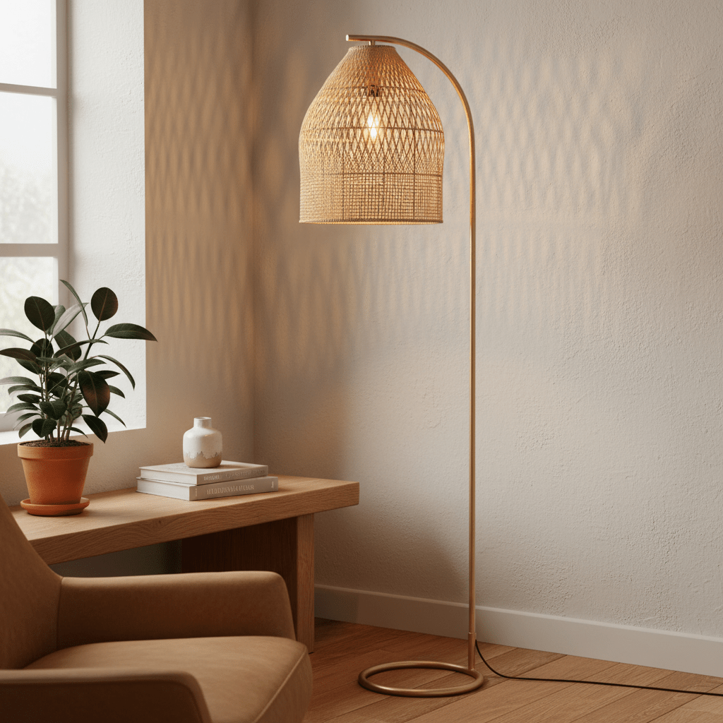 Stylish rattan floor lamp beside a cozy armchair and wooden table, casting warm light and shadows.