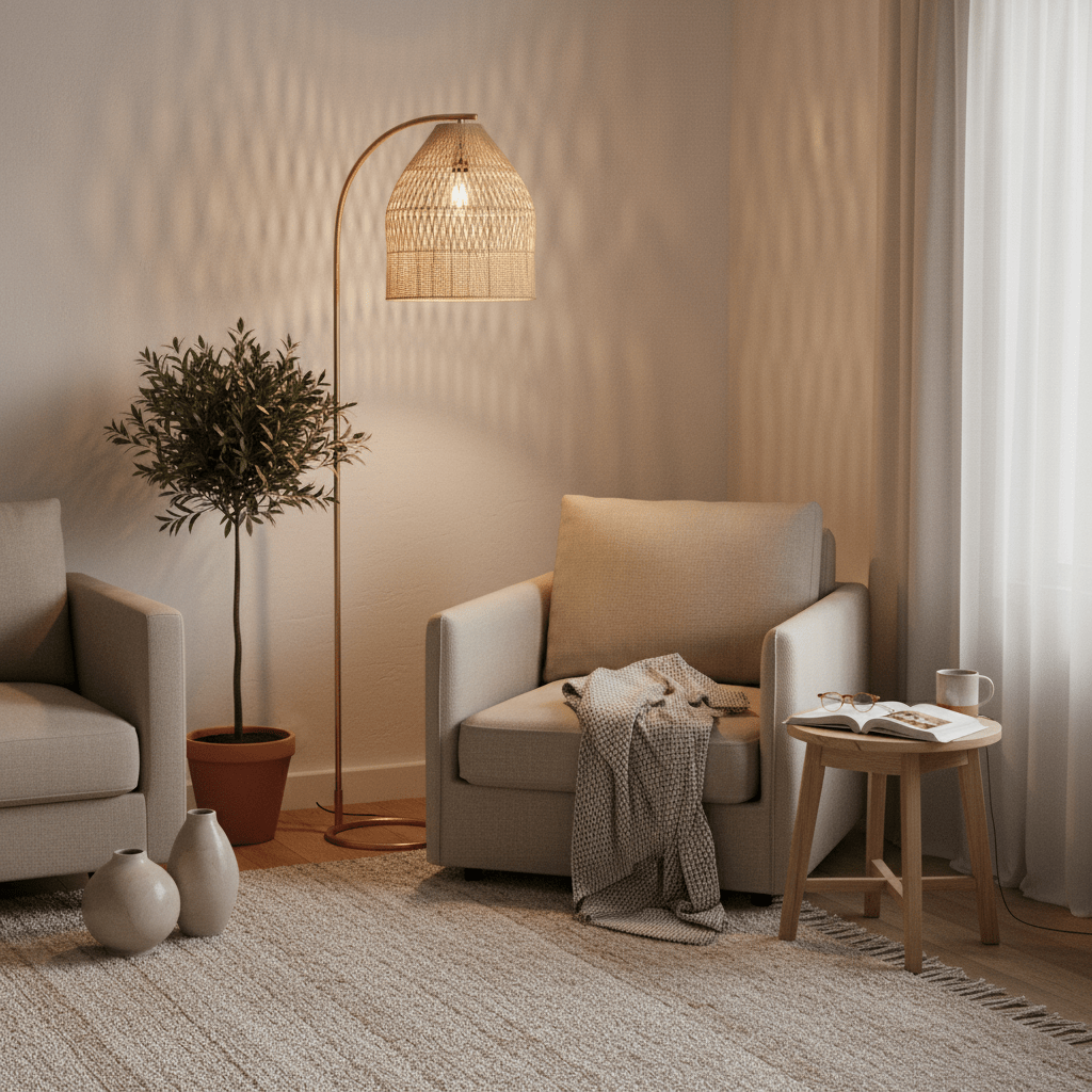 Cozy living room scene featuring a rattan floor lamp beside two armchairs, a plant, and a side table.