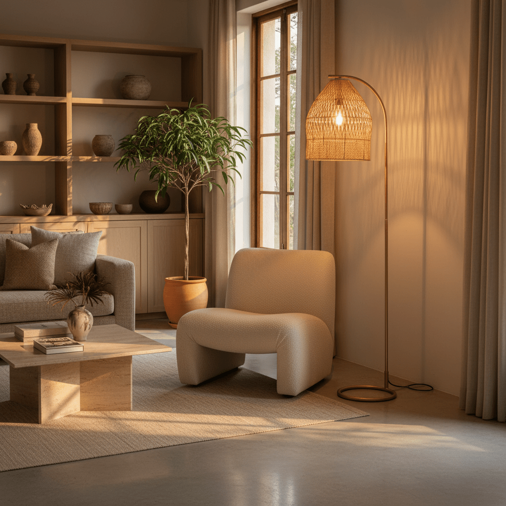 Cozy living room scene featuring a rattan floor lamp beside a modern chair and coffee table.