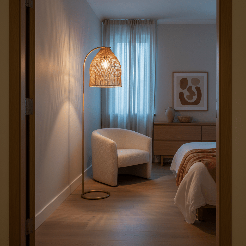 Rattan floor lamp beside a cozy armchair in a softly lit bedroom corner.