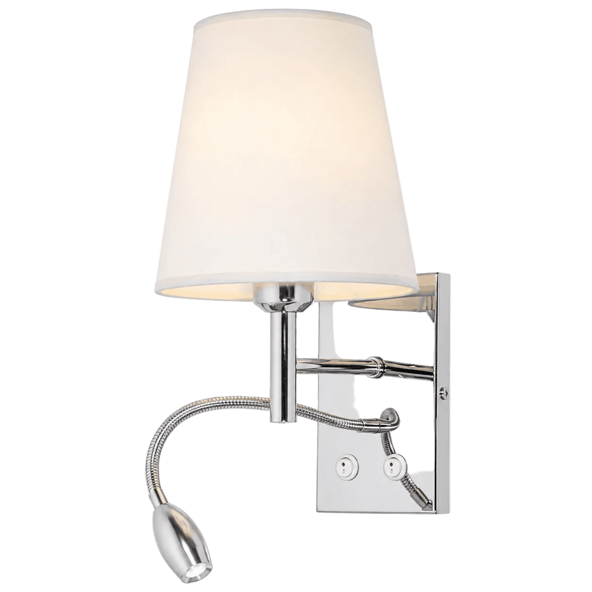 Polished chrome wall fitting with a white fabric shade and a flexible arm for additional lighting.
