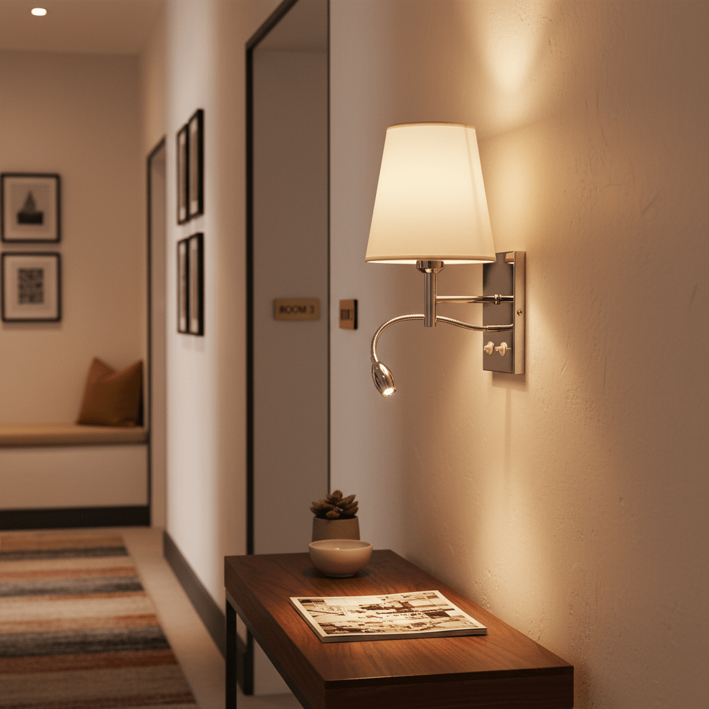 Polished chrome wall fitting with white shade illuminating a hallway, featuring a gooseneck light and decorative elements.