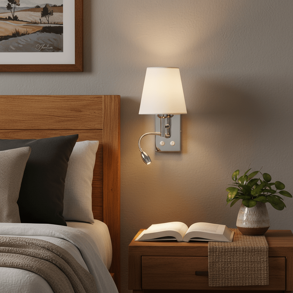 Polished chrome wall light with white shade mounted beside a wooden headboard, illuminating a bedside table with a book.