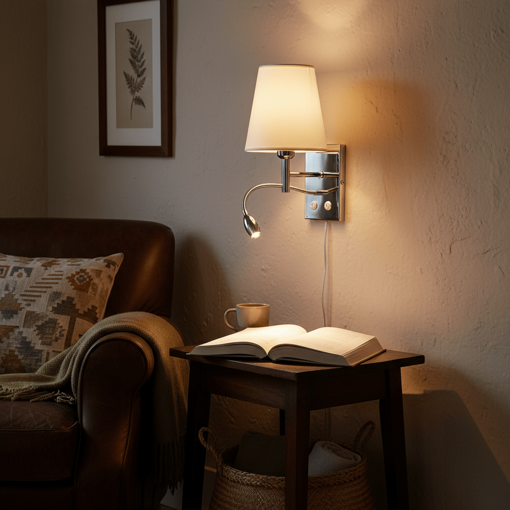 Polished chrome wall light with white shade illuminating a cozy reading nook beside a brown leather sofa.