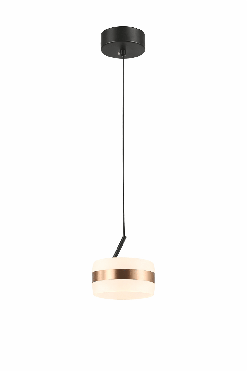Modern pendant light with a black fixture and white shade on a white background