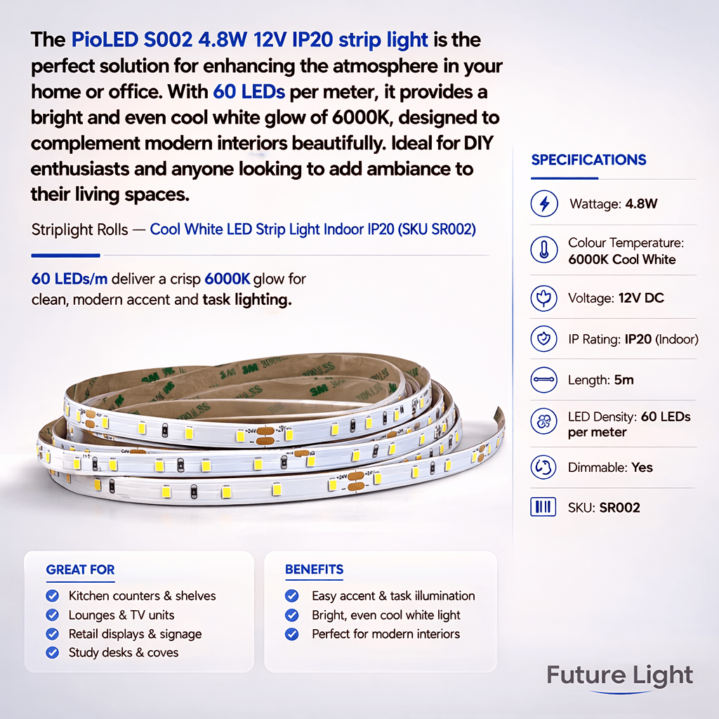 6000K LED Strip Light Indoor - 4.8W, 12V