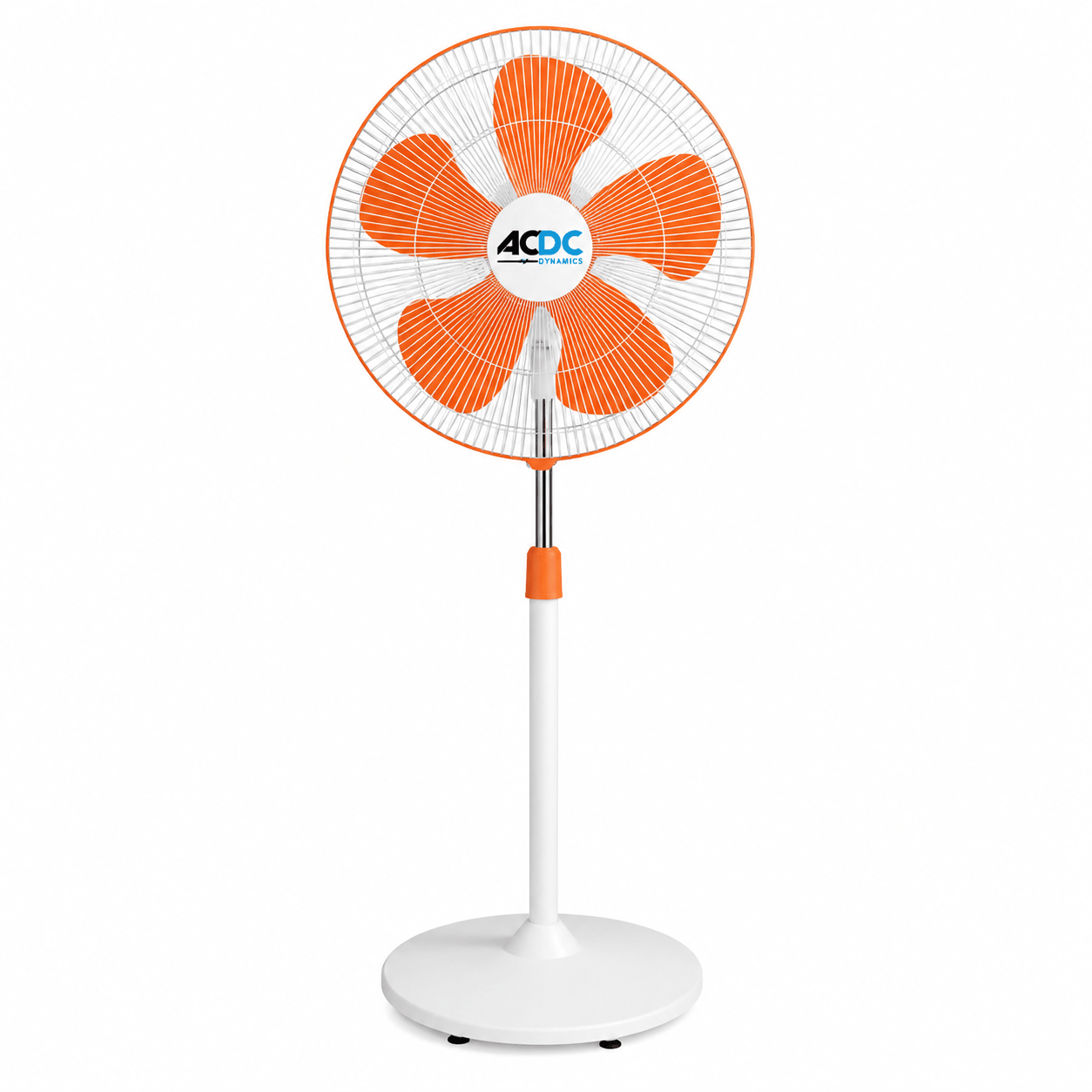 Orange and white standing fan with 'ACDC' branding on a white background