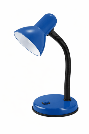 Blue desk lamp with a flexible neck and round base, featuring a switch on the base.